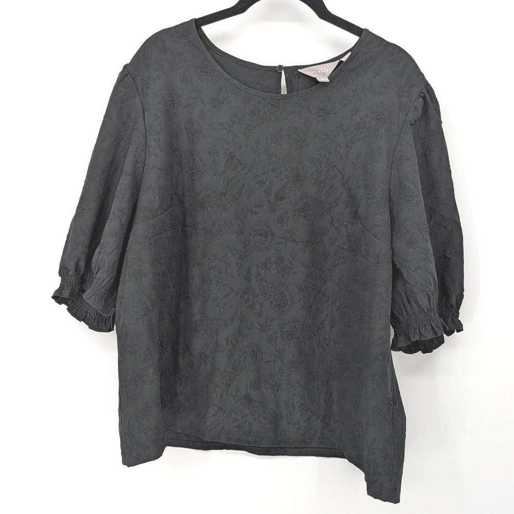 Ted Baker Blouse Women XXL Black Floral Jacquard Puff‎ Sleeve Top Office Elegant